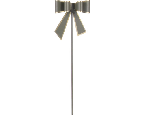 Dekorativer Pflanzenstecker in Form einer grauen Schleife mit goldenem Rand an einem langen Metallstab.