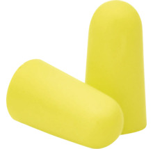 Ein Paar gelbe Gehörschutzstöpsel aus Schaumstoff.