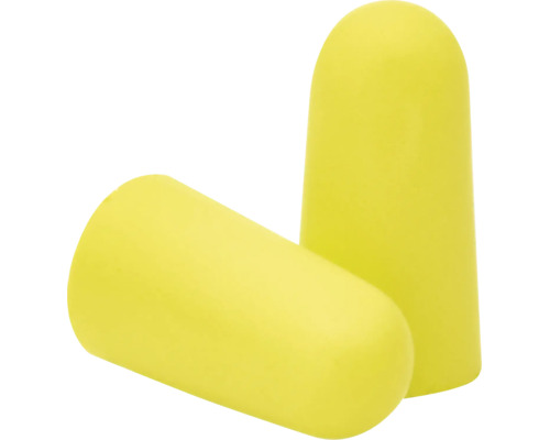Ein Paar gelbe Gehörschutzstöpsel aus Schaumstoff.