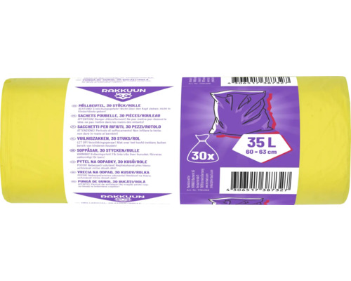 Rakkuun Müllbeutel in Gelb, 35 Liter Fassungsvermögen, 30 Stück pro Rolle, Format 60 mal 63 Zentimeter.