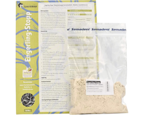 Engerling-Stopp Nematoden gegen Gartenlaubkäfer-, Maikäfer- und Junikäferlarven, Packung mit Beutel.
