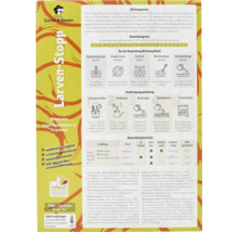 Rückseite der Verpackung biohelp Larven-Stopp mit Anwendungshinweisen für Nematoden gegen Trauermücken und Thripslarven.