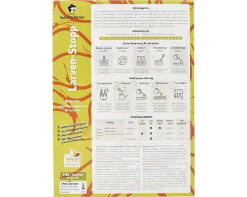 Rückseite der Verpackung biohelp Larven-Stopp mit Anwendungshinweisen für Nematoden gegen Trauermücken und Thripslarven.