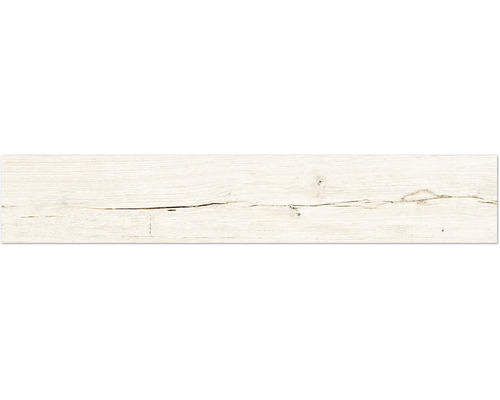 Weiße Holzstruktur mit ausgeprägter Maserung und einem durchgehenden horizontalen Riss.