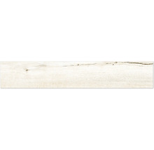 Lang gestreckte Bodenfliese in heller Holzoptik mit sichtbarer Maserung und Astlöchern.