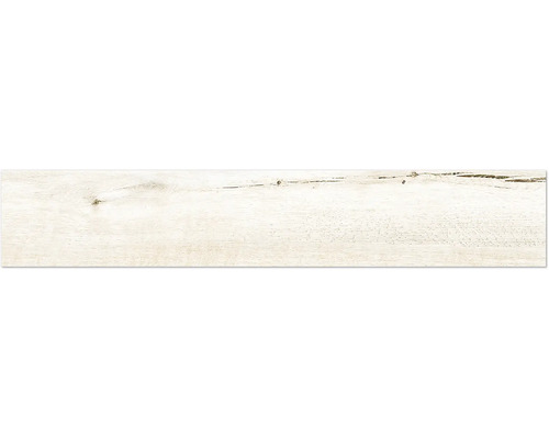 Lang gestreckte Bodenfliese in heller Holzoptik mit sichtbarer Maserung und Astlöchern.