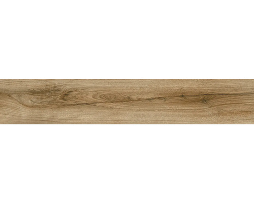 Bodenfliese in Holzoptik mit Maserung und Astlöchern.