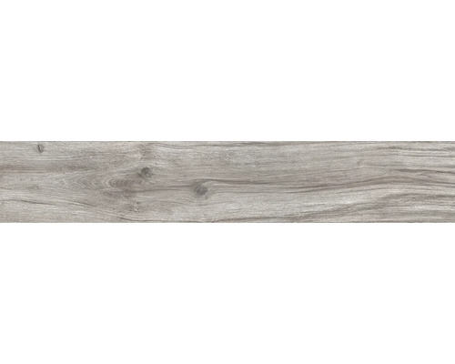 Bodenfliese in Holzoptik mit Maserung und Astlöchern in Grau.