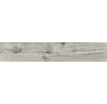 Bodenbelag in grauer Holzoptik mit Maserung und Astlöchern.