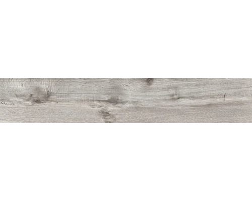 Bodenbelag in grauer Holzoptik mit Maserung und Astlöchern.