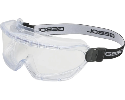 Gebol Vollsichtschutzbrille aus Kunststoff mit klaren Sichtscheiben und verstellbarem elastischem Textilband.