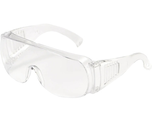 Transparente Schutzbrille aus Kunststoff mit Seitenschutz.