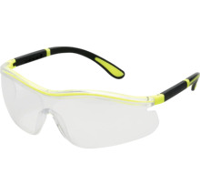 Schutzbrille mit klaren Gläsern und schwarz-gelben Bügeln für optimalen Augenschutz.