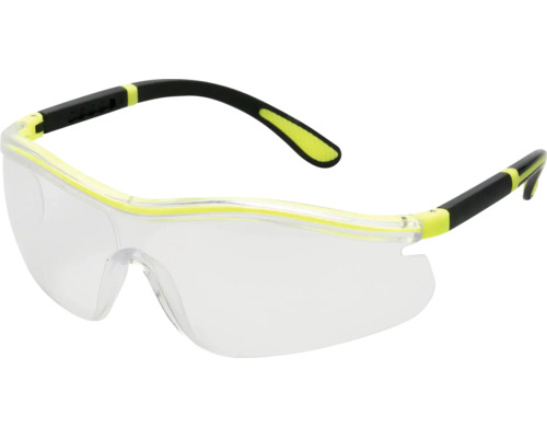 Schutzbrille mit klaren Gläsern und schwarz-gelben Bügeln für optimalen Augenschutz.