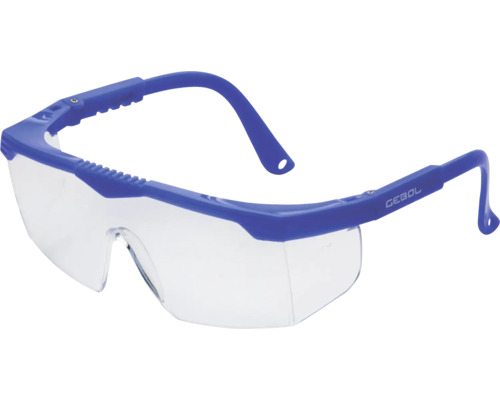 Gebol Schutzbrille mit blauem Gestell und klaren Sichtscheiben aus Kunststoff für den Augenschutz bei handwerklichen Tätigkeiten.