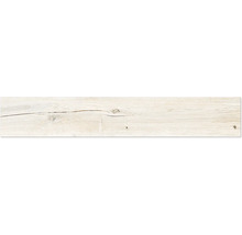 Helle Bodenfliese in Holzoptik mit Maserung, Astlöchern und Rissstruktur.