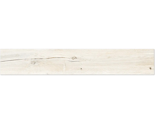 Helle Bodenfliese in Holzoptik mit Maserung, Astlöchern und Rissstruktur.