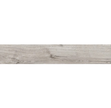 Bodenfliese in Holzoptik mit natürlicher Maserung und Astlöchern in Hellgrau.