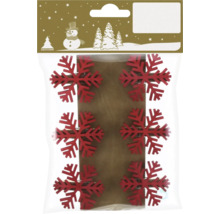 Packung mit sechs roten dekorativen Holzklammern in Schneeflockenform für Weihnachten.