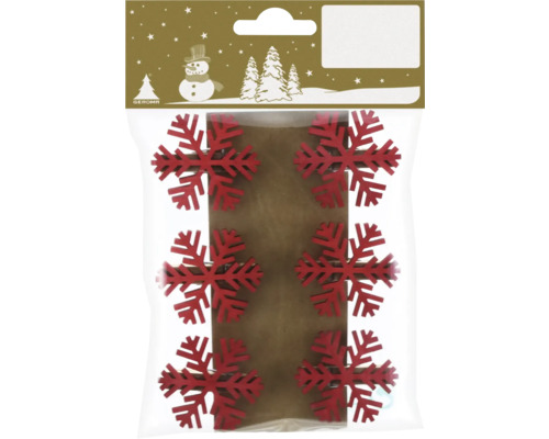 Packung mit sechs roten dekorativen Holzklammern in Schneeflockenform für Weihnachten.
