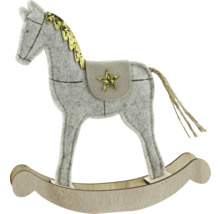 Schaukelpferd aus grauem Filz und Holz mit goldener Glitzermähne, Stern und Juteschweif.