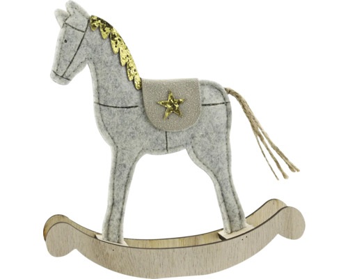 Schaukelpferd aus grauem Filz und Holz mit goldener Glitzermähne, Stern und Juteschweif.