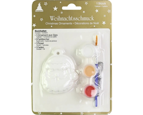 DIY-Weihnachtsschmuck-Set mit Gipsfigur Weihnachtsmann, drei Farbtöpfen, Pinsel und Faden. Geroma Logo.