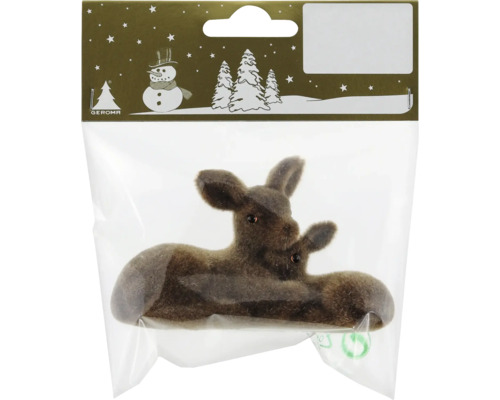Geroma Logo. Zwei braun beflockte Rehfiguren, eine Ricke und ein Kitz, in einer weihnachtlichen Verpackung.