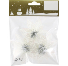 Künstliche Weihnachtsblumen in Weiß mit Glitzer, drei Stück in der Packung, für Weihnachtsdekorationen.