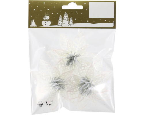Künstliche Weihnachtsblumen in Weiß mit Glitzer, drei Stück in der Packung, für Weihnachtsdekorationen.
