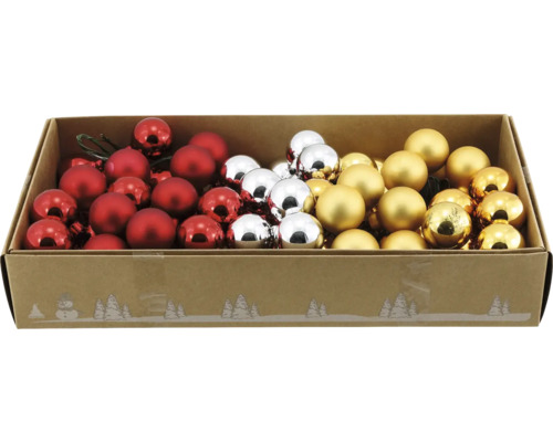 Weihnachtskugeln in Rot, Silber und Gold in einem dekorativen Karton mit Wintermotiven.