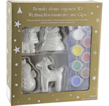 Bastelset zum Bemalen von dreidimensionalen Weihnachtsornamenten aus Gips, inklusive vier Figuren, Farben und Pinsel.