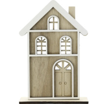 Dekoratives Holzhaus mit weißem Dach, Fenstern und einer Doppeltür.