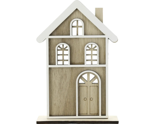 Dekoratives Holzhaus mit weißem Dach, Fenstern und einer Doppeltür.