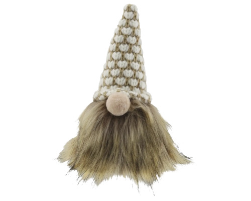 Weihnachts-Wichtel mit beige-weißer Strickmütze und langem Kunstfellbart.