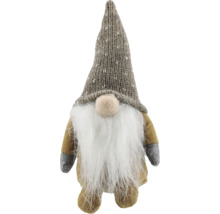 Weihnachtswichtel aus Stoff mit gestrickter Zipfelhaube und langem weißen Bart.