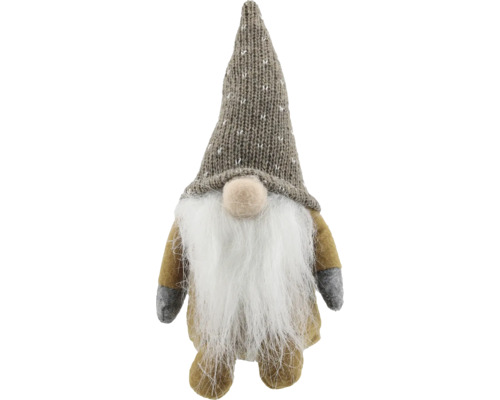 Weihnachtswichtel aus Stoff mit gestrickter Zipfelhaube und langem weißen Bart.