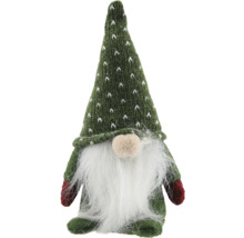 Weihnachts-Wichtel mit grüner Strickmütze, weißem Rauschebart und roten Handschuhen.