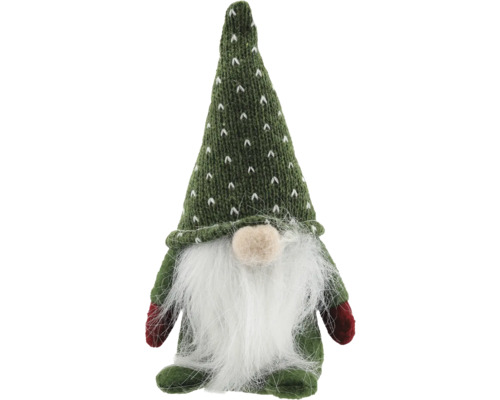 Weihnachts-Wichtel mit grüner Strickmütze, weißem Rauschebart und roten Handschuhen.