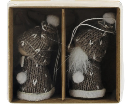 Zwei gestrickte Weihnachts-Wichtel mit Bommelmützen und weißen Details in einer zweiteiligen Pappbox.