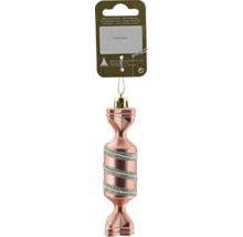 Christbaumschmuck in Bonbonform aus Glas in Rosa mit silbernen Glitzerstreifen.