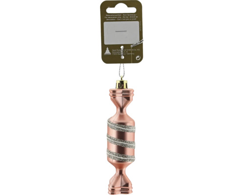 Christbaumschmuck in Bonbonform aus Glas in Rosa mit silbernen Glitzerstreifen.