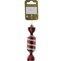 Christbaumschmuck in Form eines Bonbons in Rot mit glitzernden silbernen Streifen.