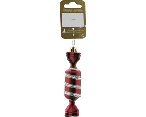 Christbaumschmuck in Form eines Bonbons in Rot mit glitzernden silbernen Streifen.