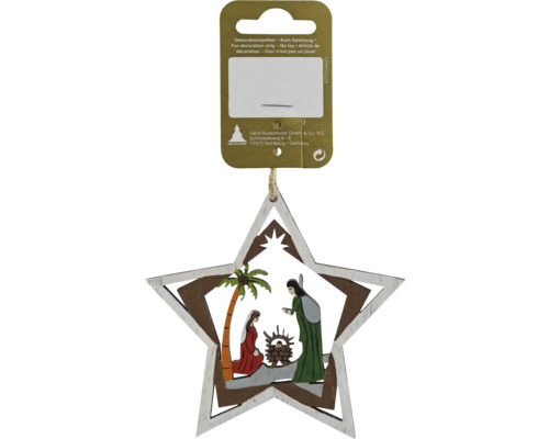 Weihnachtsanhänger aus Holz in Sternform mit Krippenszene und Aufhänger.