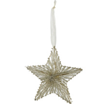 Weihnachtsstern Anhänger aus Metalldraht und Perlen mit weißem Band.