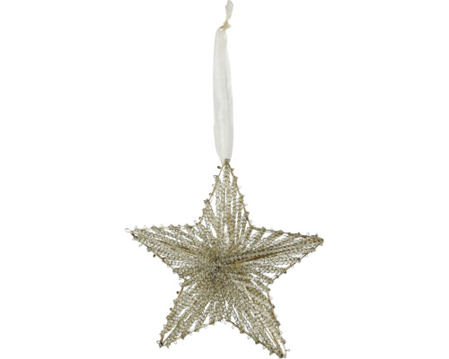 Weihnachtsstern Anhänger aus Metalldraht und Perlen mit weißem Band.
