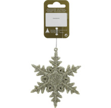 Glitzernde Schneeflocke als Weihnachtsdekoration zum Aufhängen inklusive Displaykarte mit Geroma Logo.