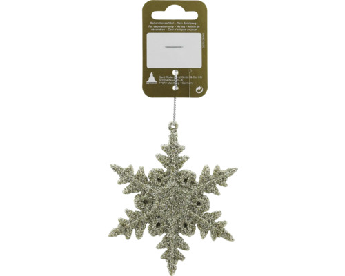 Glitzernde Schneeflocke als Weihnachtsdekoration zum Aufhängen inklusive Displaykarte mit Geroma Logo.
