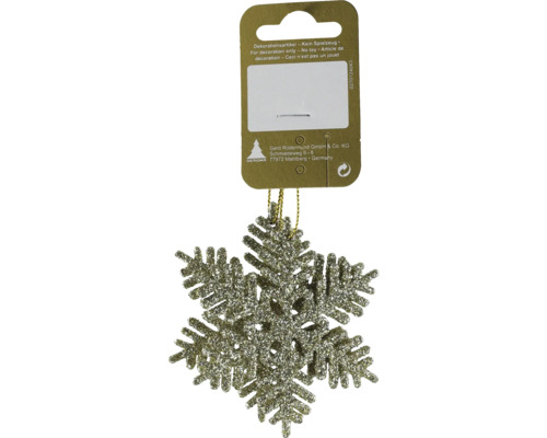 Schneeflocke als Weihnachtsbaumschmuck mit Glitzer, Aufhängeschlaufe und Produktetikett.
